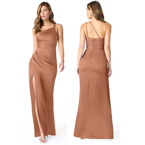 NWT Azazie Eren Stretch Satin One Shoulder Maxi Mermaid Dress Bronzer Women's A2 - Picture 1 of 7